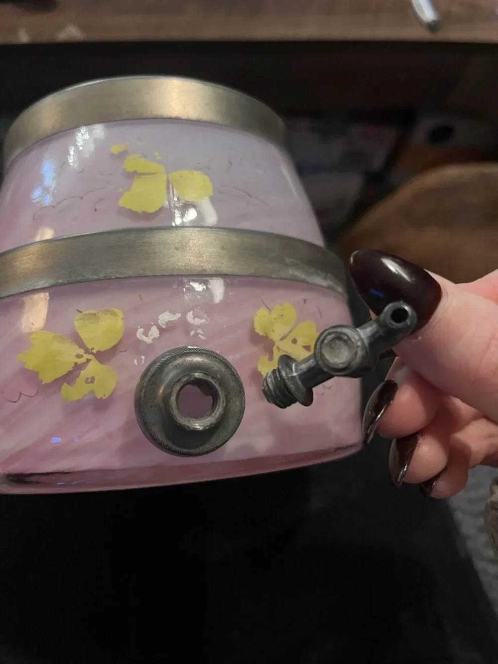 Antique Pink Swirl Glass Beverage Dispenser Floral Spigot VTG Victorian Cottage